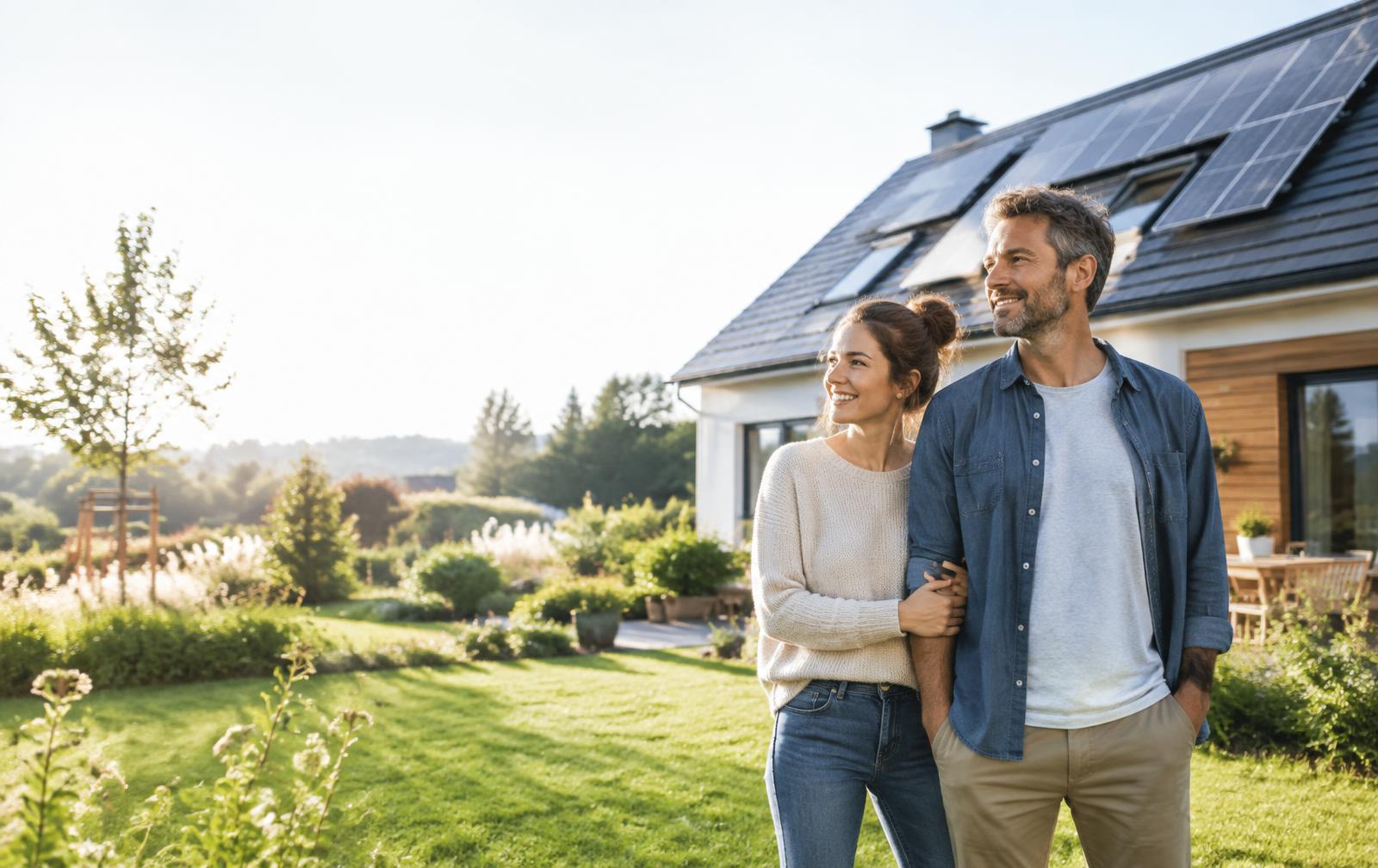 Paar vor einem hellen Zuhause mit Solaranlage